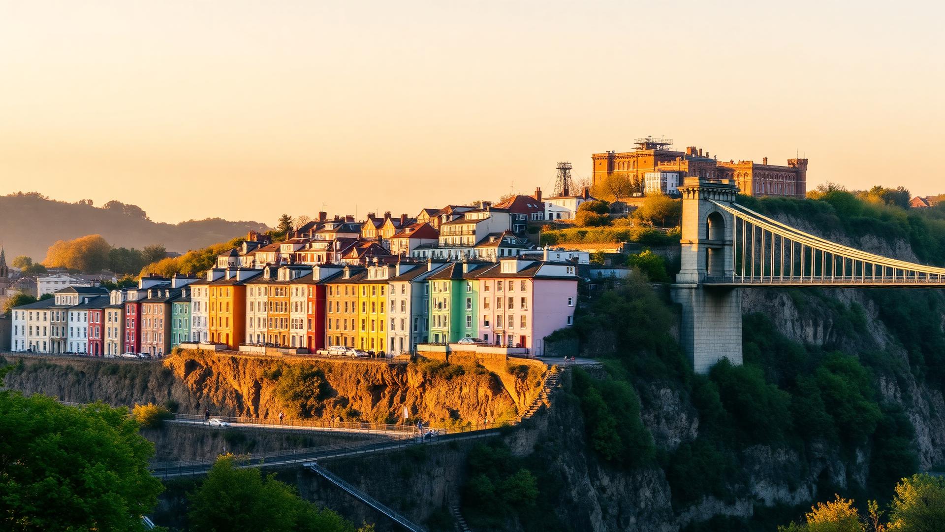 Colourful Clifton terraces and the Clifton Suspension Bridge above the Avon Gorge — Re-Finished surface restoration in Bristol