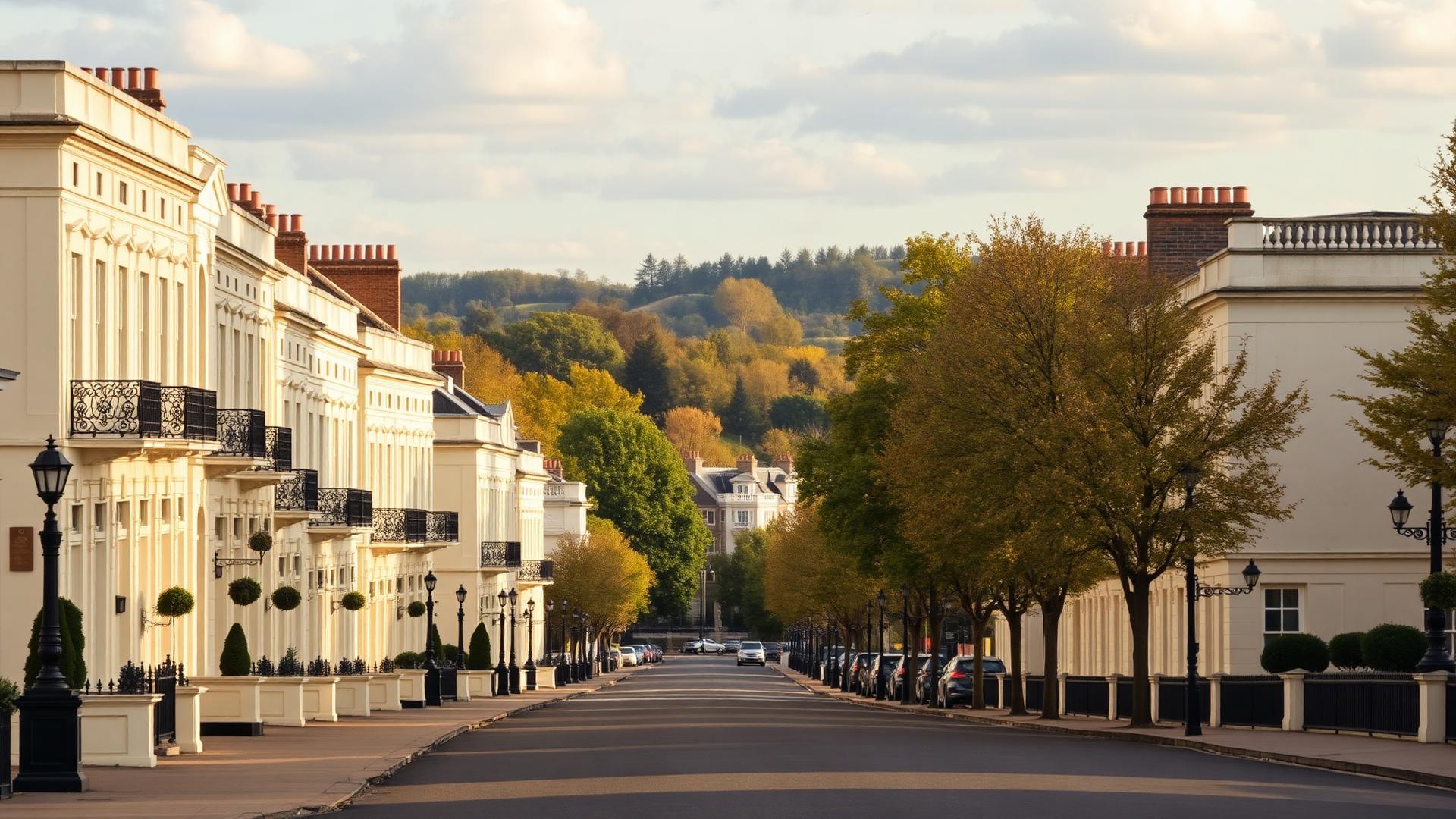 Regency cream-coloured townhouses along the tree-lined Promenade in Cheltenham, Gloucestershire — Re-Finished surface restoration in Cheltenham