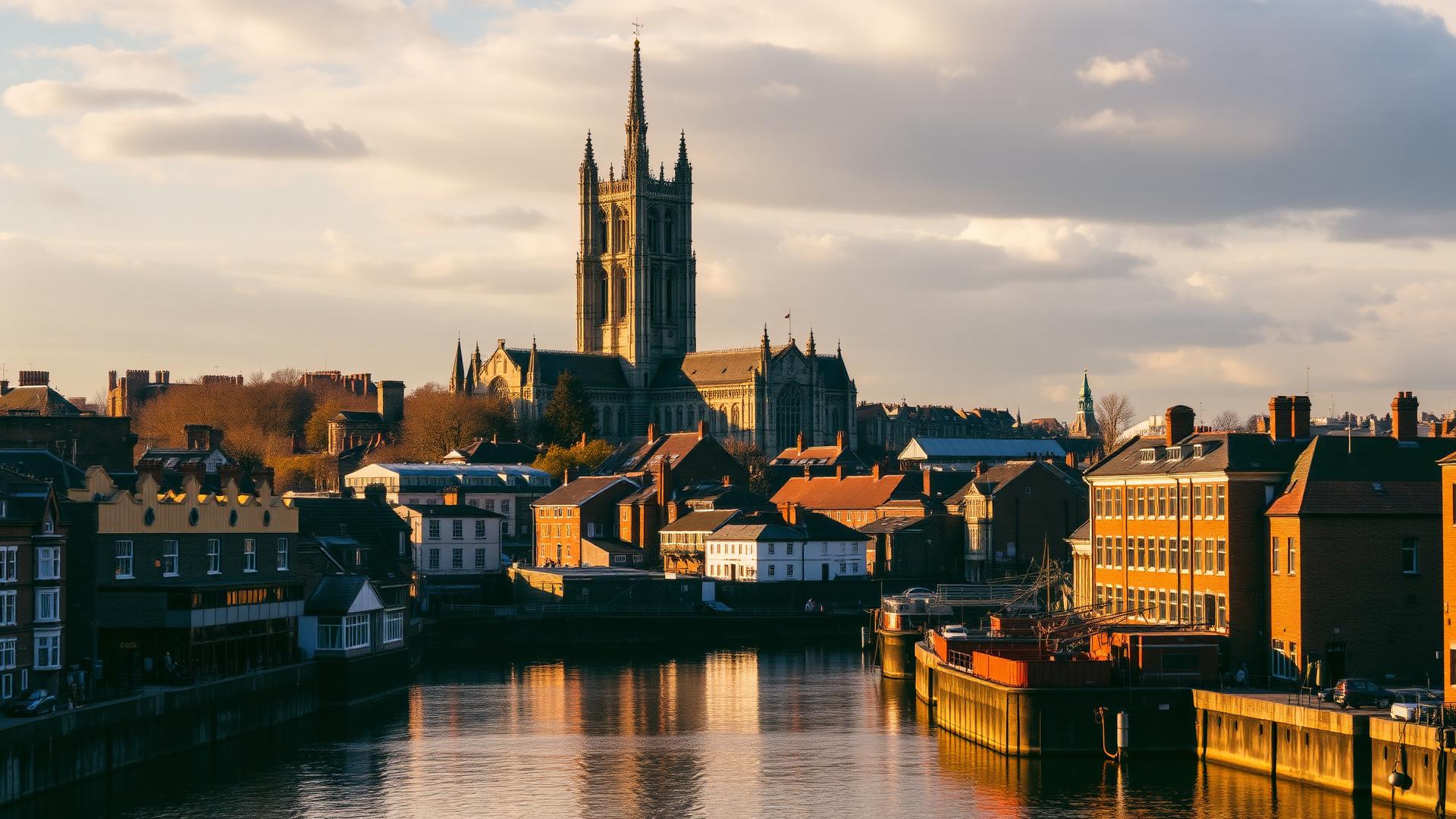 Gloucester Cathedral tower rising above the historic Victorian docks on the River Severn — Re-Finished surface restoration in Gloucester
