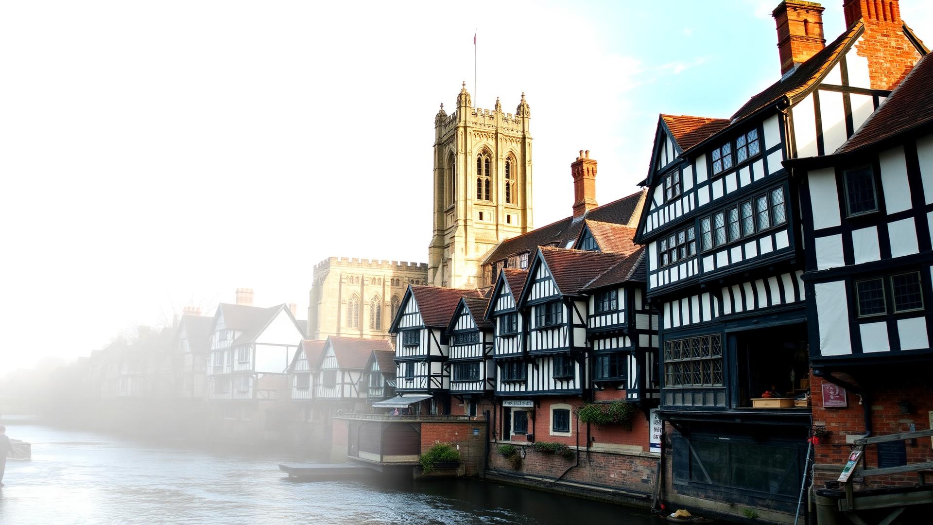 Hereford Cathedral and traditional black-and-white timber-framed Tudor buildings beside the River Wye — Re-Finished surface restoration in Hereford