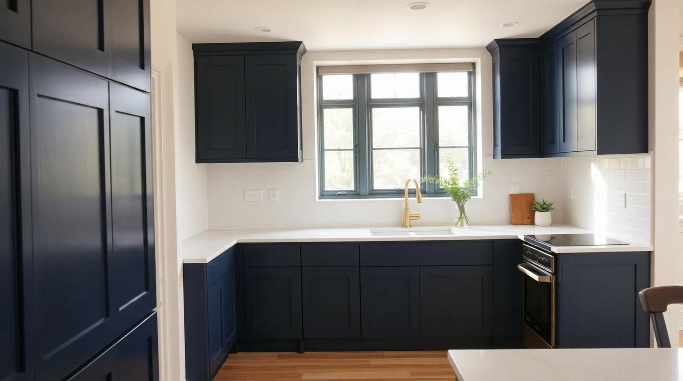 Modern shaker kitchen with freshly resprayed deep navy blue cabinet doors and brushed brass handles — kitchen cabinet spraying cost guide