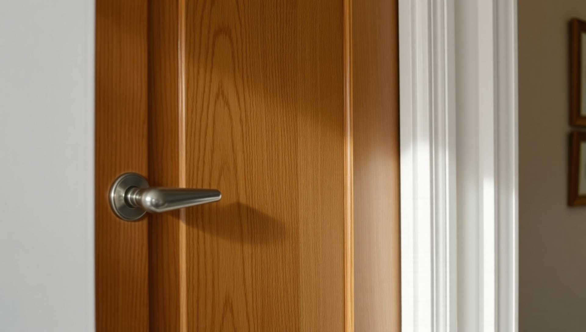 Restored solid oak interior door with brushed nickel handle — wood and laminate repair