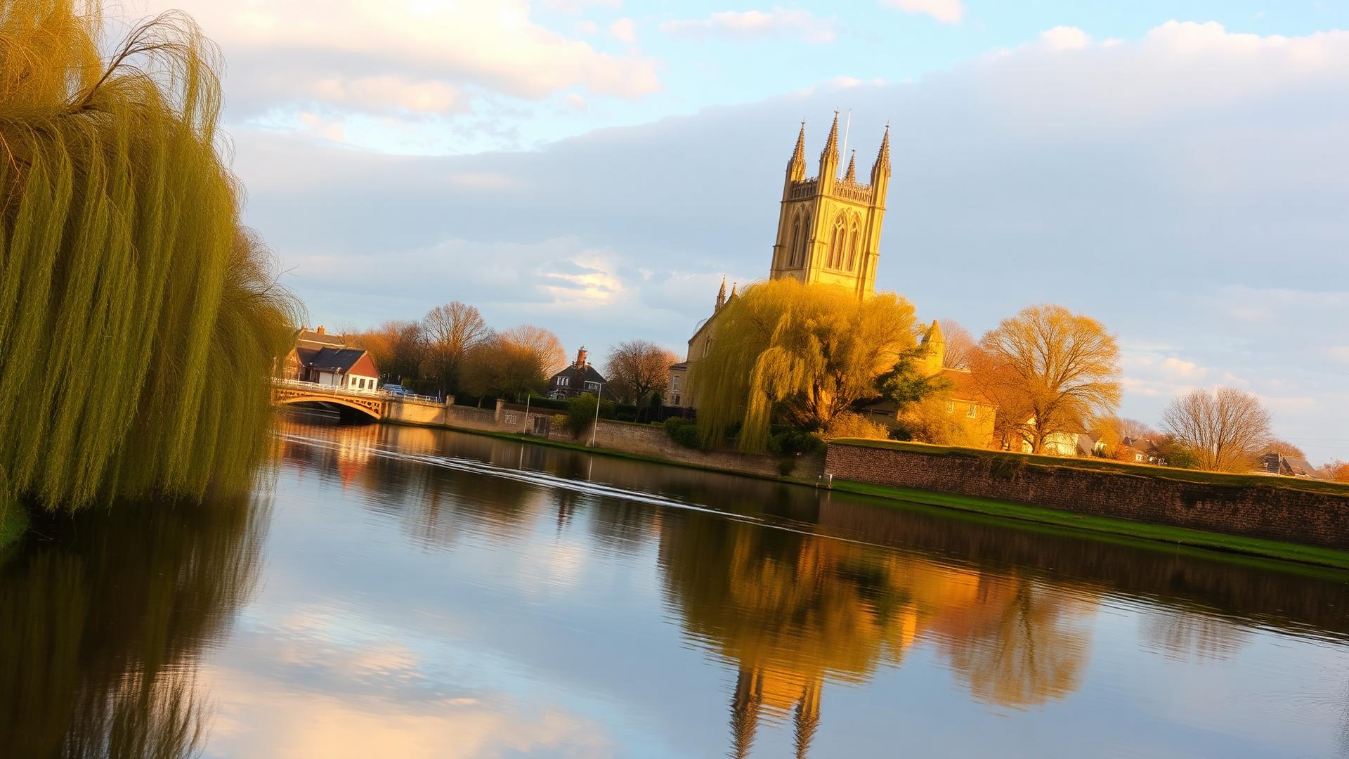 Worcester Cathedral reflected in the River Severn with willow trees on the bank — Re-Finished surface restoration in Worcester