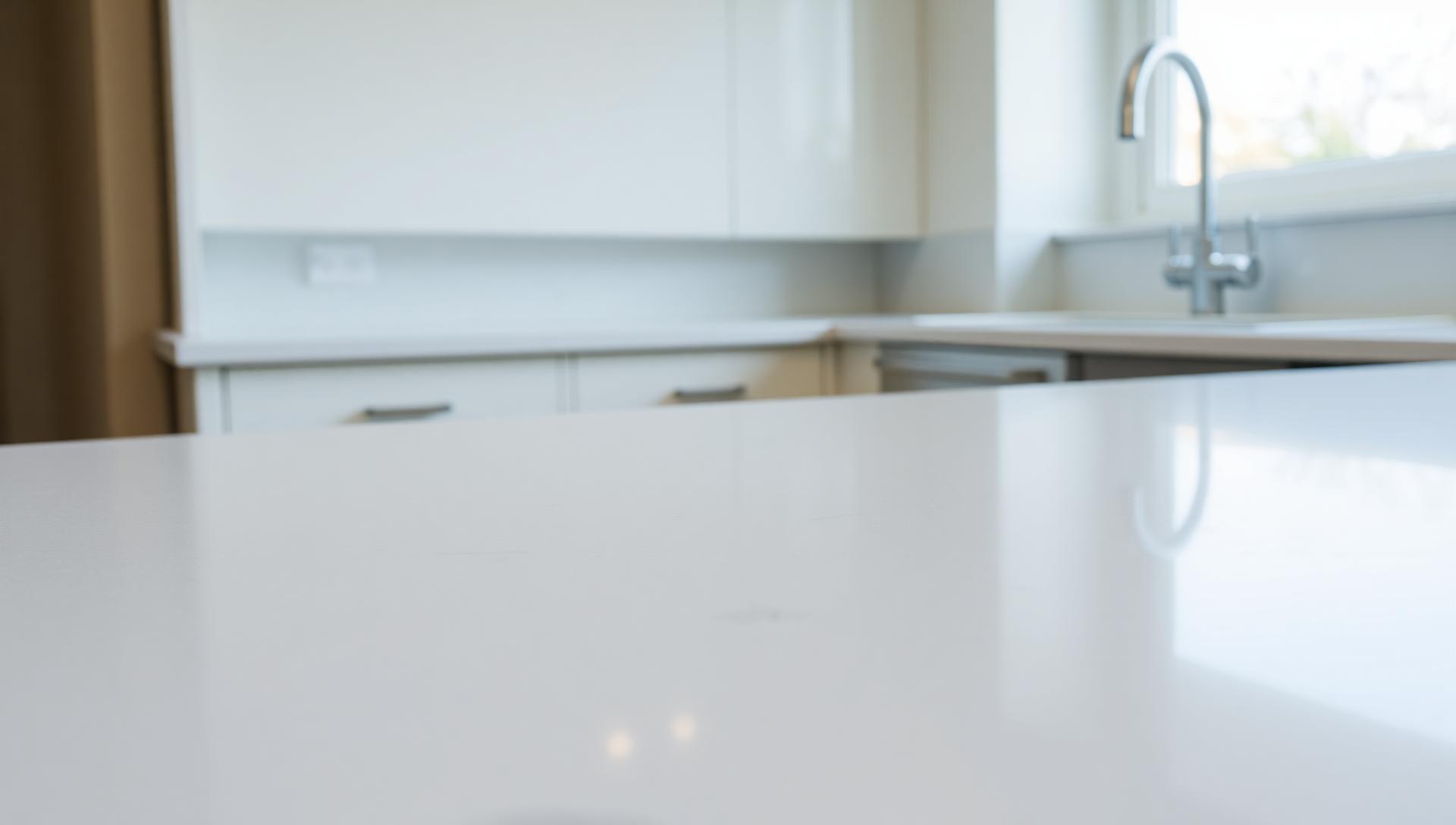 Flawless white worktop catching natural light — kitchen worktop repair and refinishing