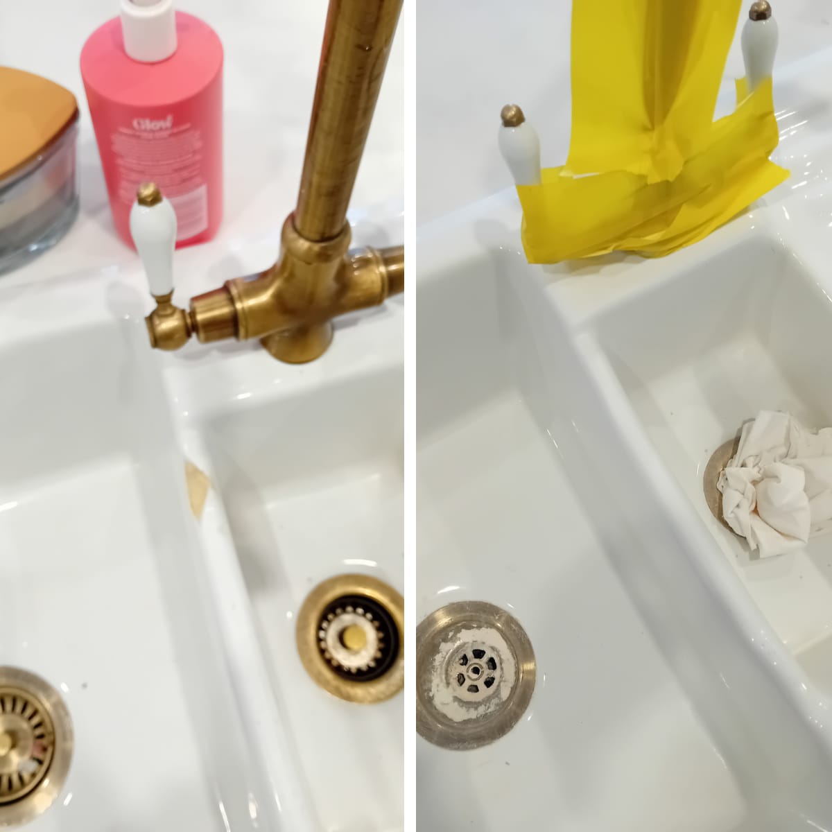 Limescale and verdigris stripped from brass tap and ceramic sink — Cardiff