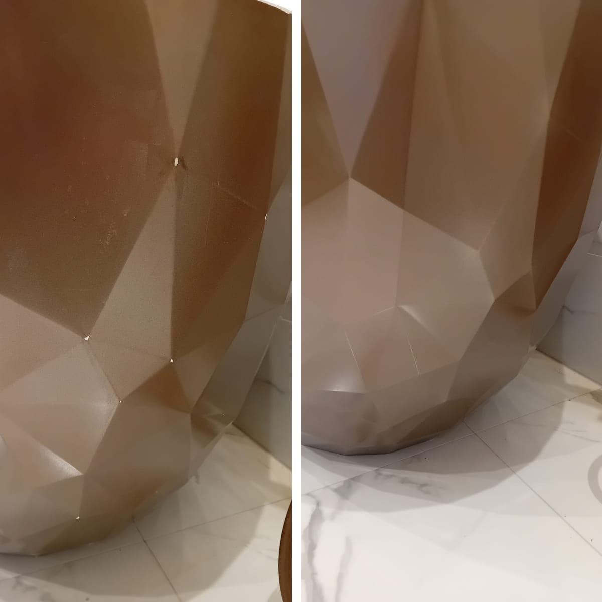 Champagne-gold faceted basin refinished to clean satin gold — Bristol basin restoration