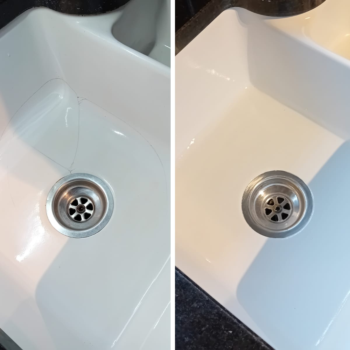 Cracked white ceramic kitchen sink repaired and resealed — Newport sink repair