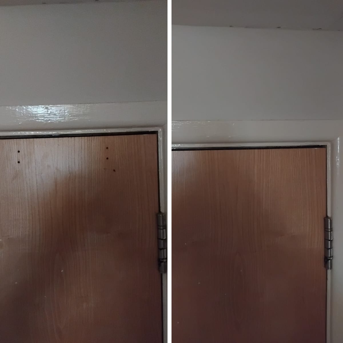 Stained internal door and frame refinished to a clean wood-grain — Newport door restoration