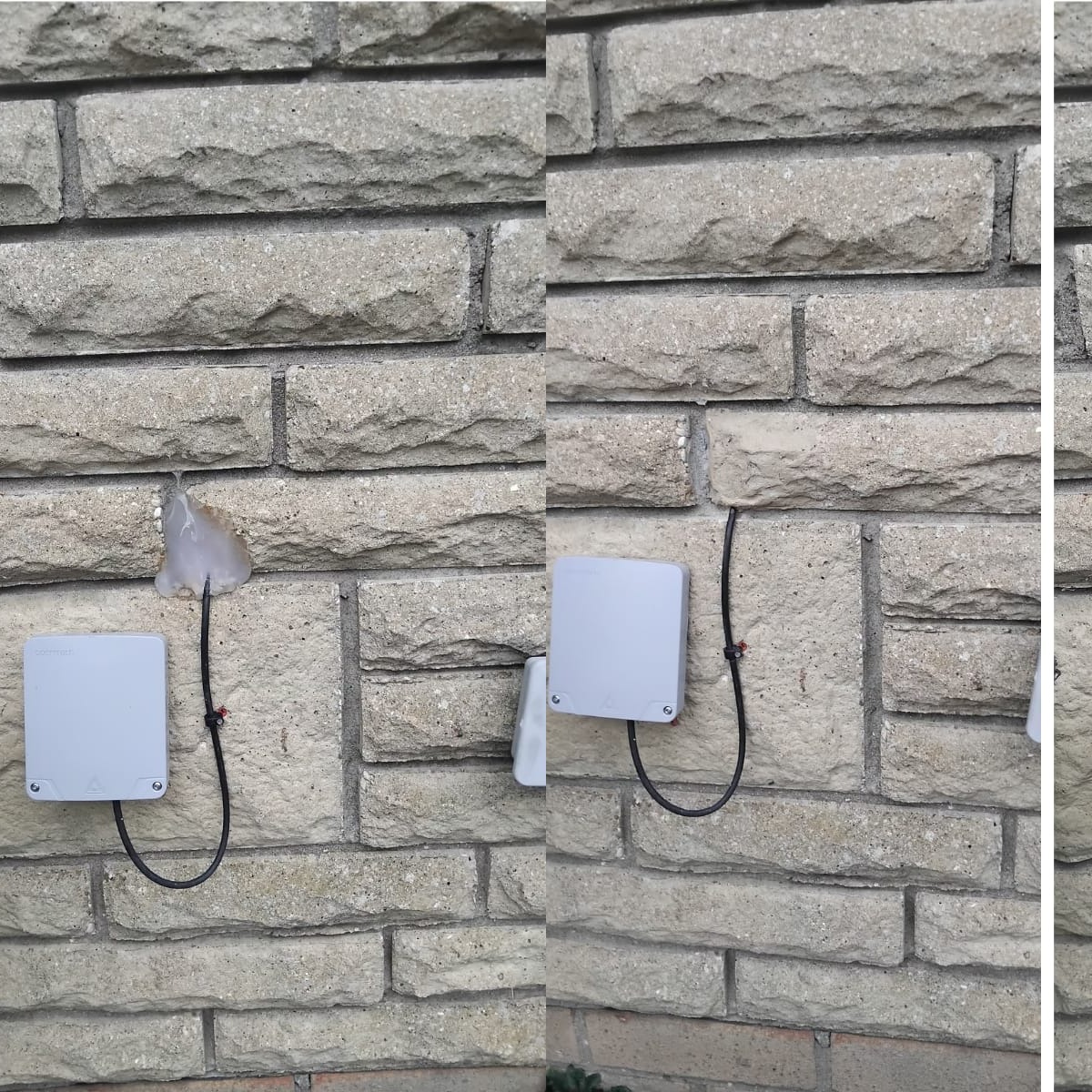 Hole around external junction box in stone wall filled and matched — Bristol exterior brick repair