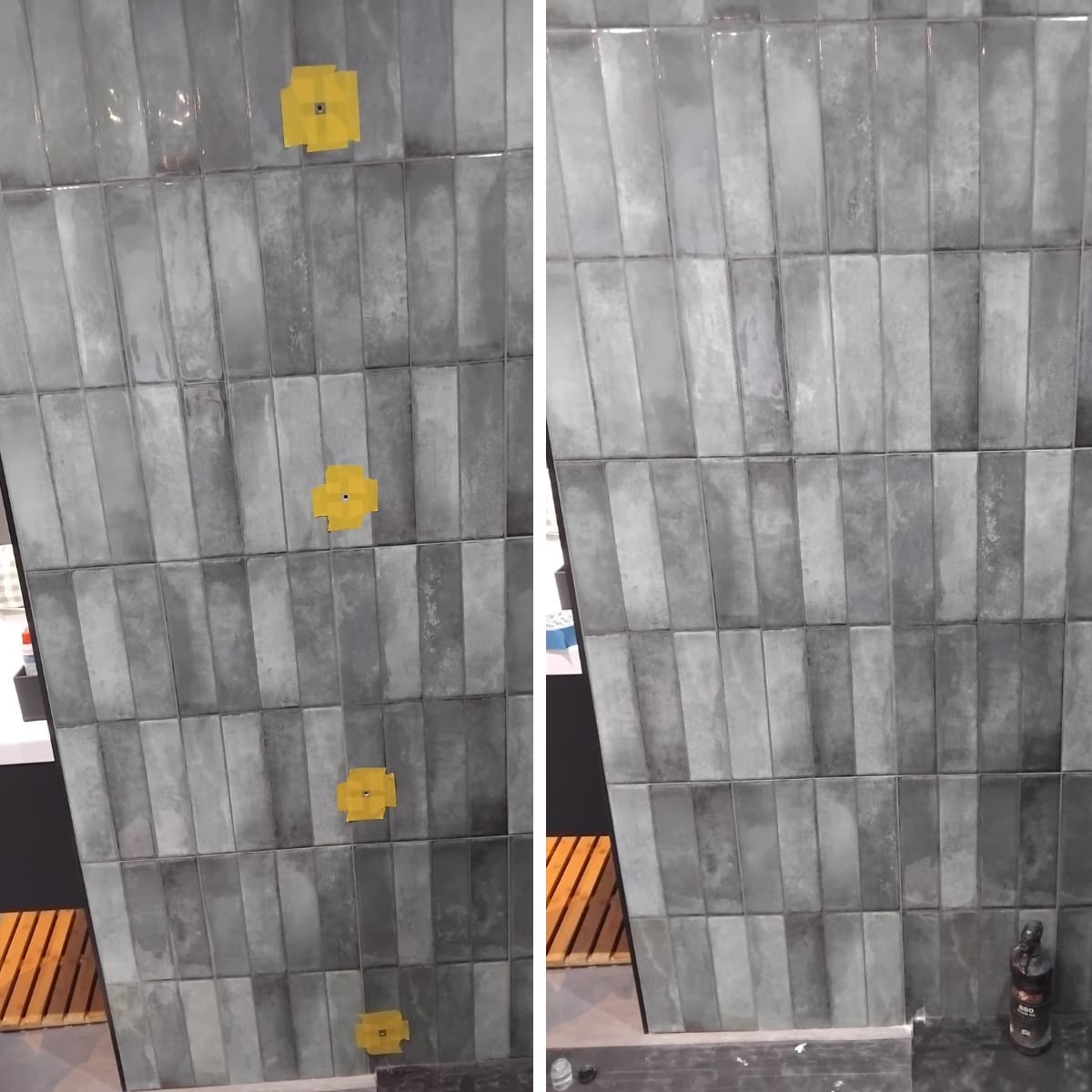 Drill holes in dark grey shower wall tiles filled and re-glazed — Bristol tile repair