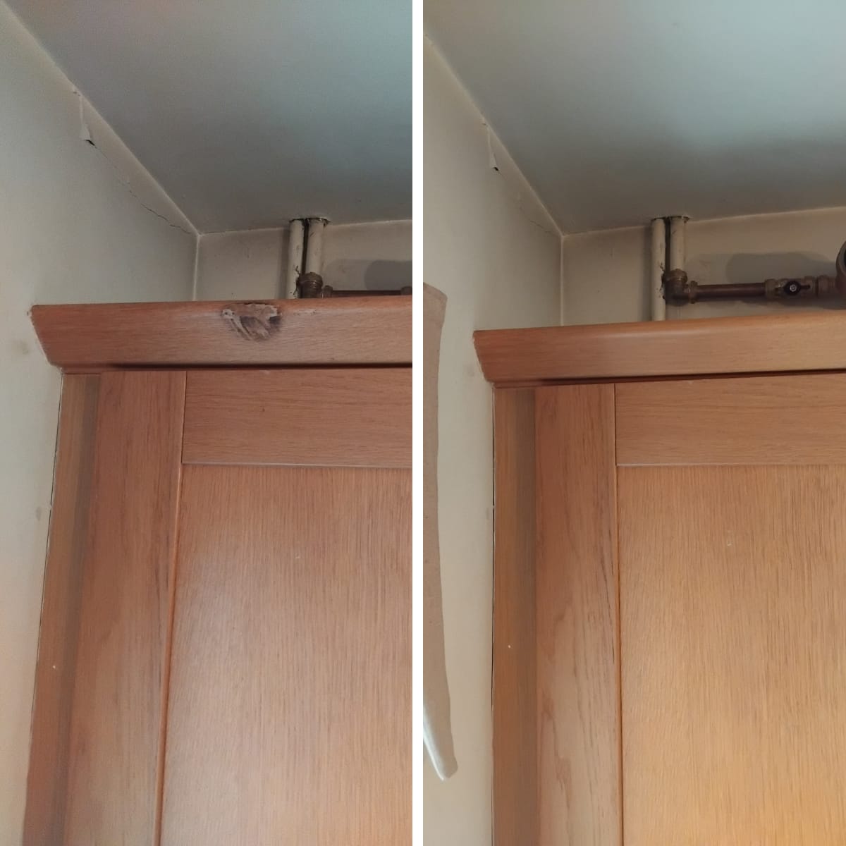 Damaged oak-effect door head and frame around copper pipe restored — Cardiff joinery repair