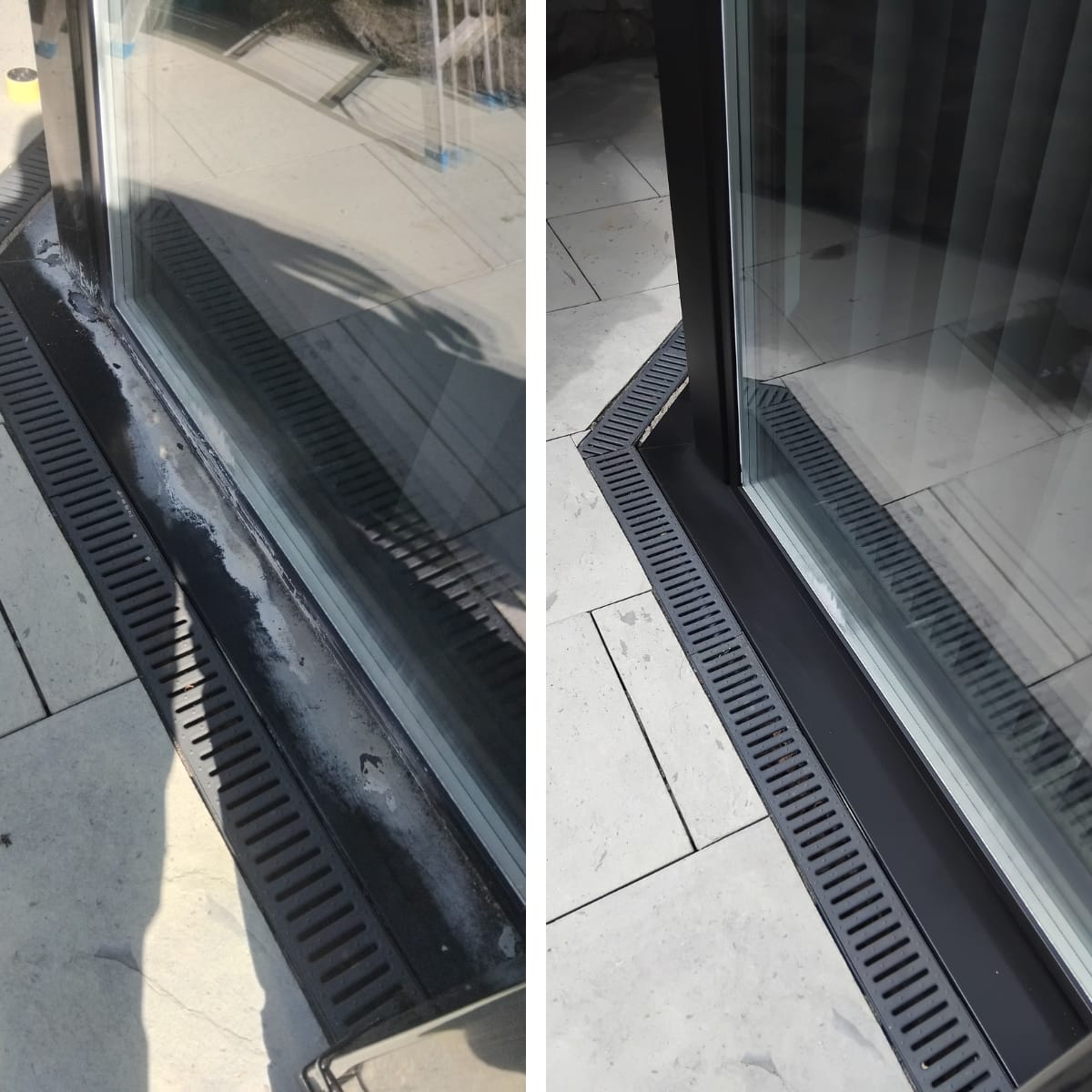 Aluminium bifold corner threshold restored to satin black — Cardiff