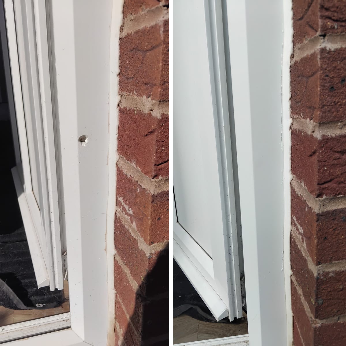 Filled hinge holes on white uPVC door frame perfectly invisible — Newport uPVC door repair