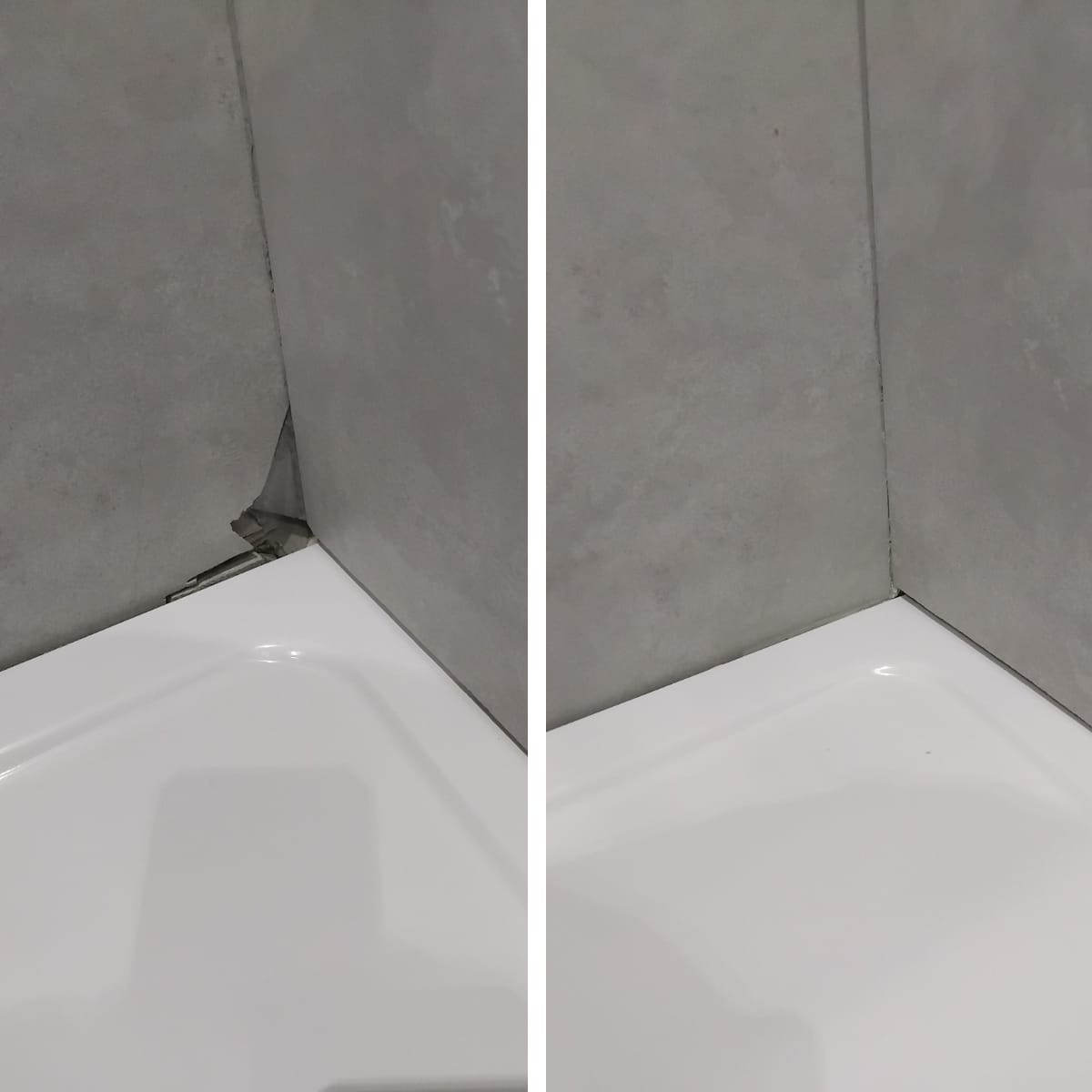 Cracked corner of stone-resin shower tray rebuilt and refinished — Cardiff shower tray repair