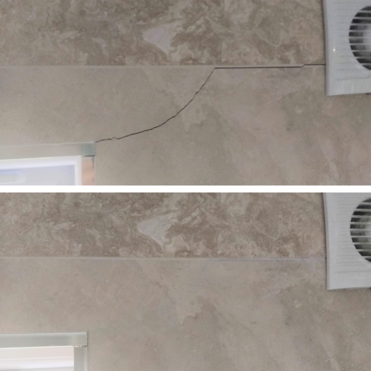 Cracked travertine wall tile structurally repaired without removal — Bath tile repair