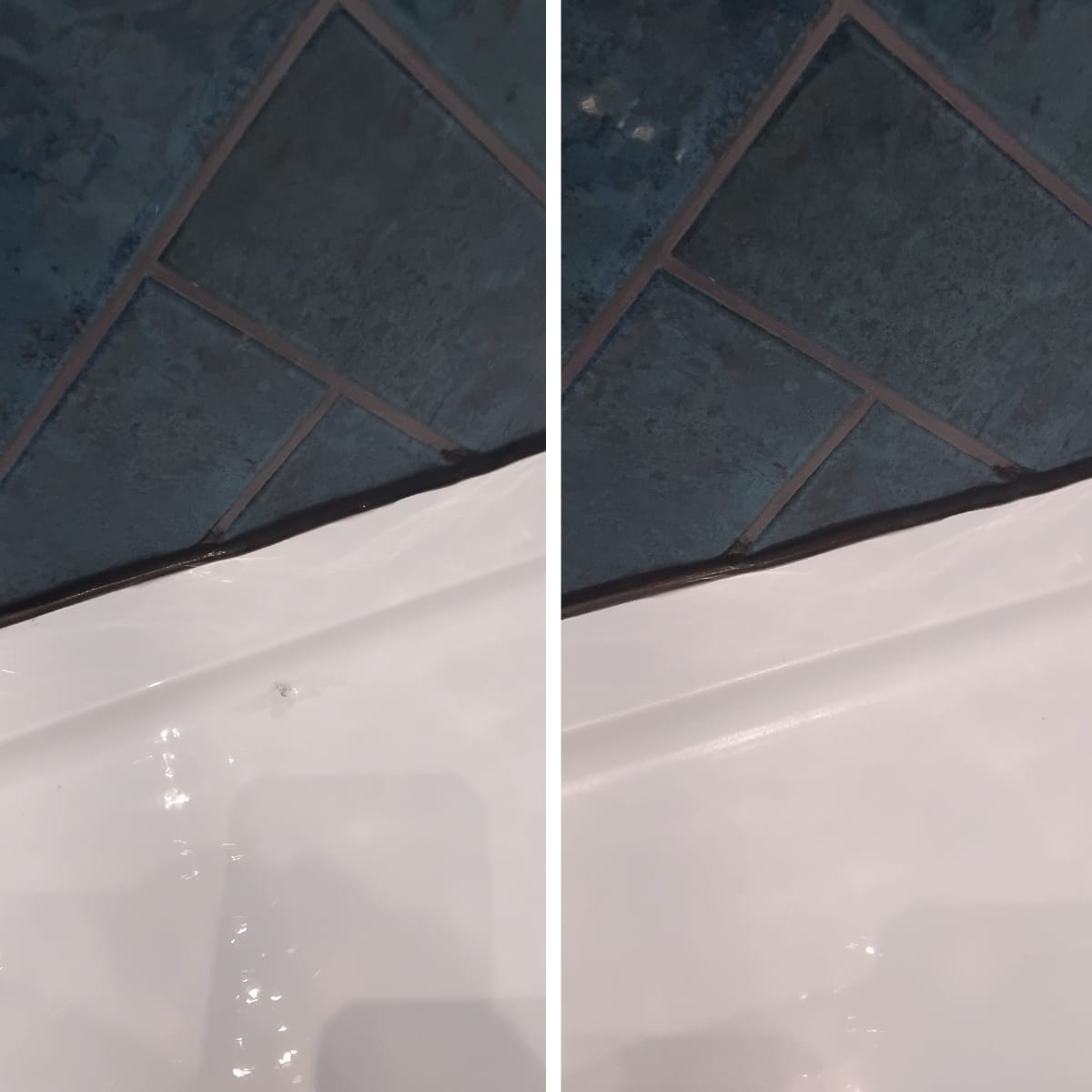 Chip on white bath edge beside blue floor tiles filled and refinished — Newport bath chip repair