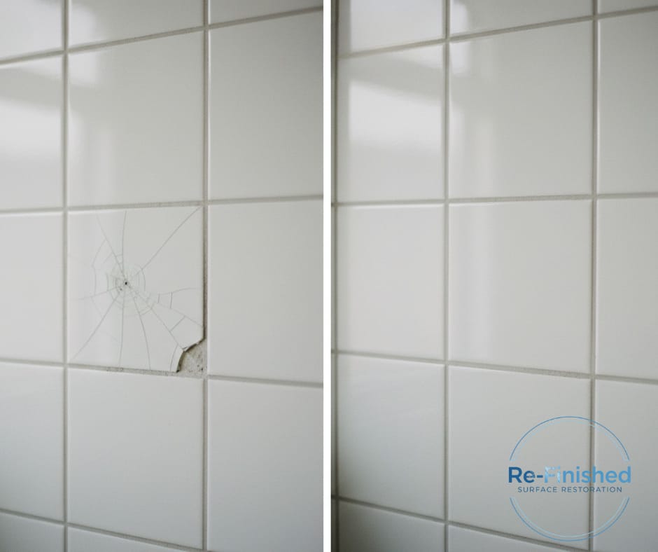 A tile on the left with holes in and on the right the same tile after being repaired