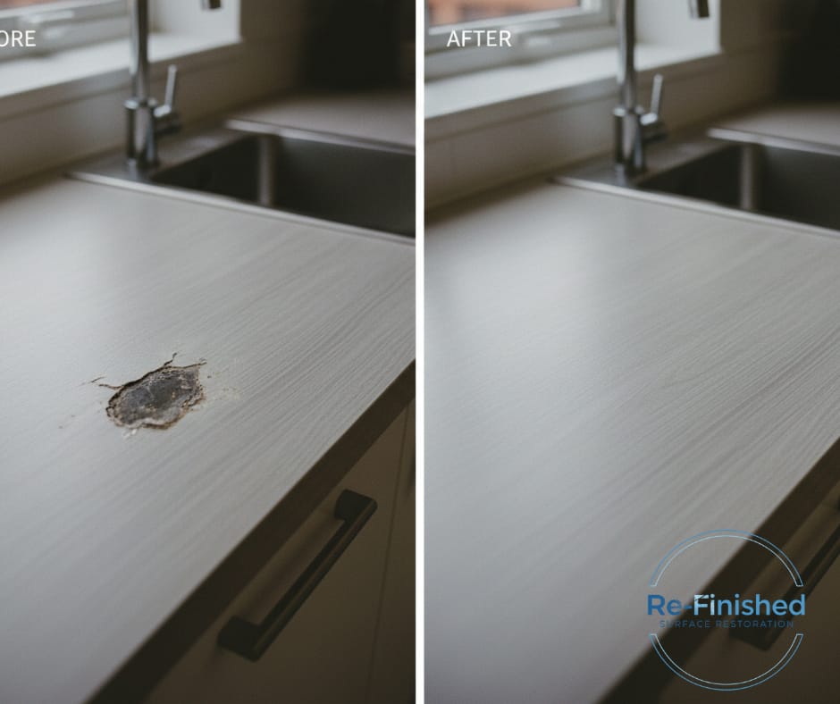 White Laminate worktop on left with damage and white worktop on right that's been repaired by Re=Finished
