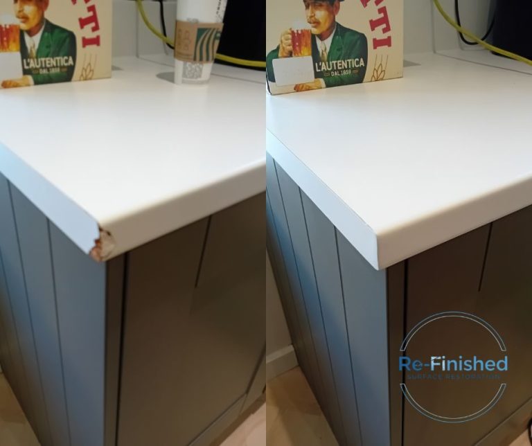 White laminate worktop with corner damage on the left and the same worktop on the right after its been repaired with Re-Finished logo