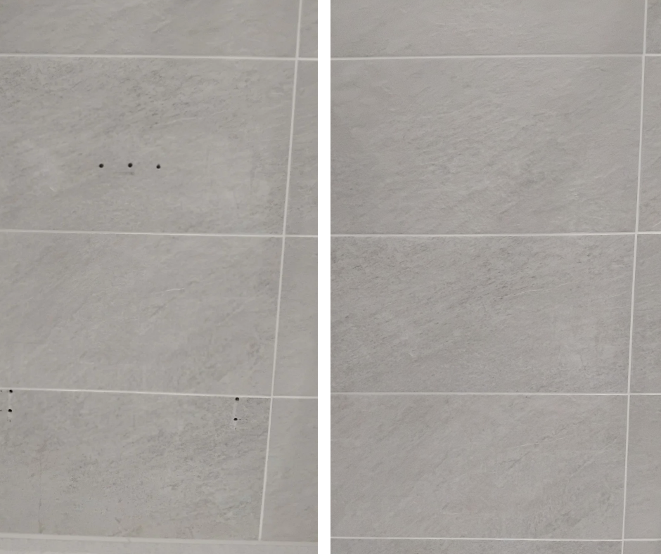 A tile on the left with holes in and on the right the same tile after being repaired