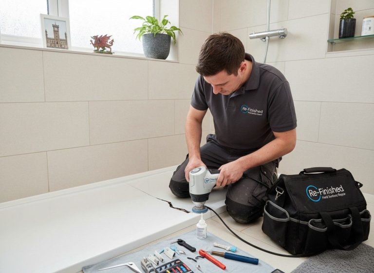 A technician repairing a shower tray in Newport