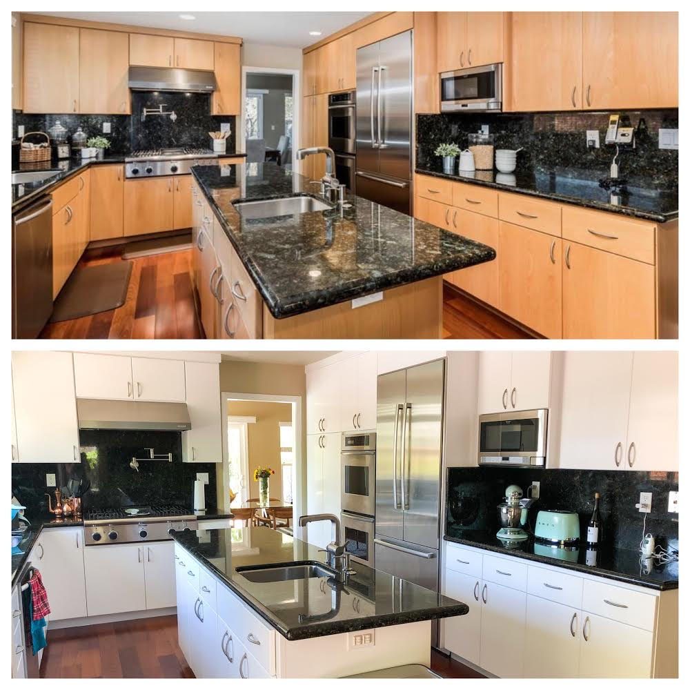 wooden kitchen which has been resprayed white gloss for a customer in Newport