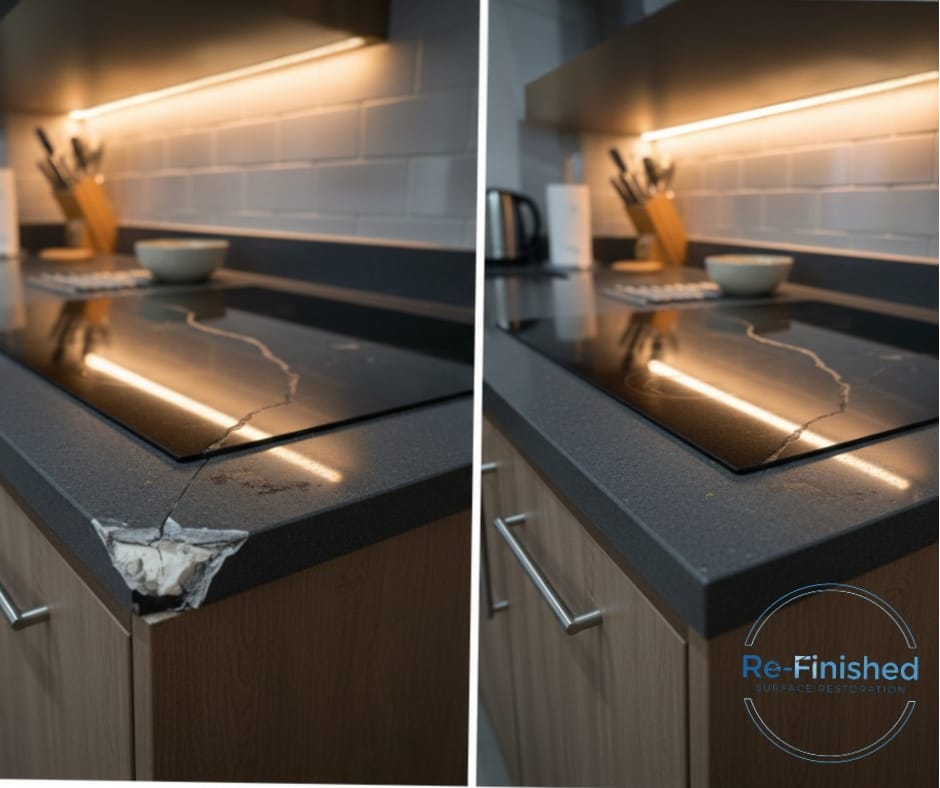 Black composite worktop on the left with a damaged corner and same worktop on the right that' been professionally repaired by Re-Finished