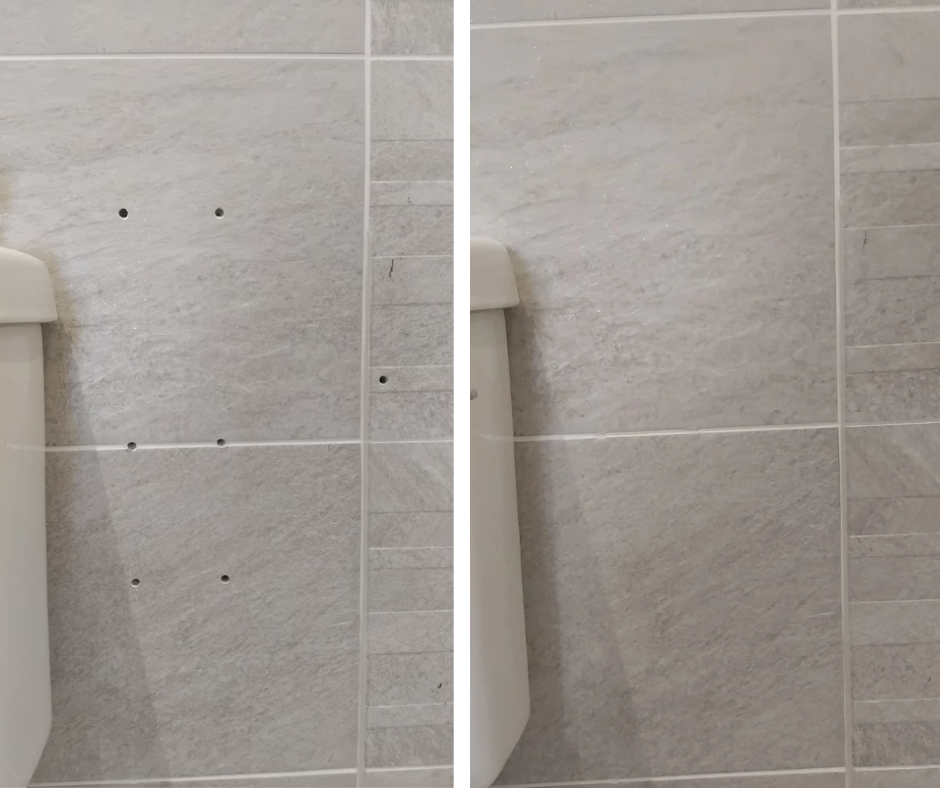 A tile on the left with holes in and on the right the same tile after being repaired