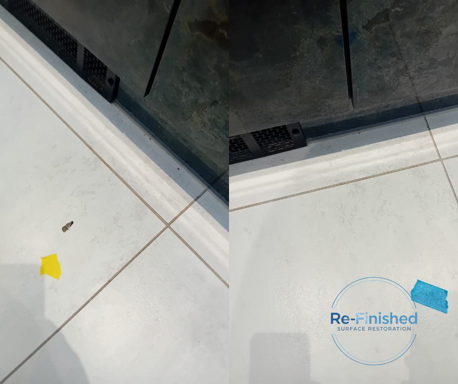 A tile on the left with holes in and on the right the same tile after being repaired