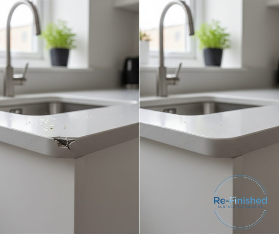 Grey Laminate worktop with corner damage on the left and same worktop on the right that's been repaired by Re-Finished.