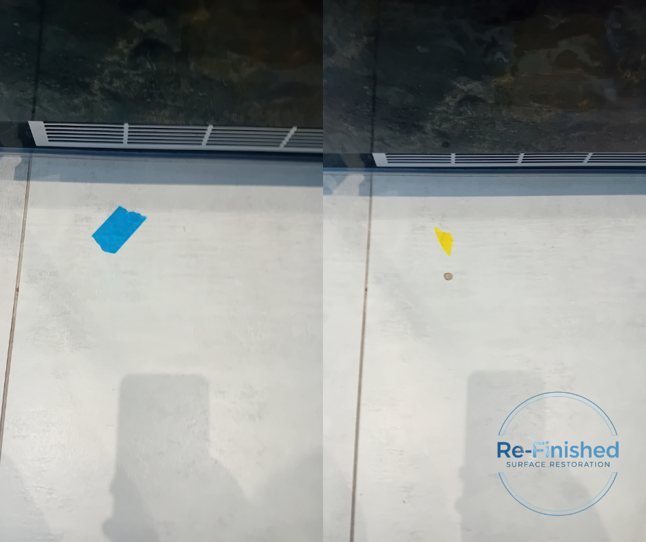 A tile on the left with holes in and on the right the same tile after being repaired