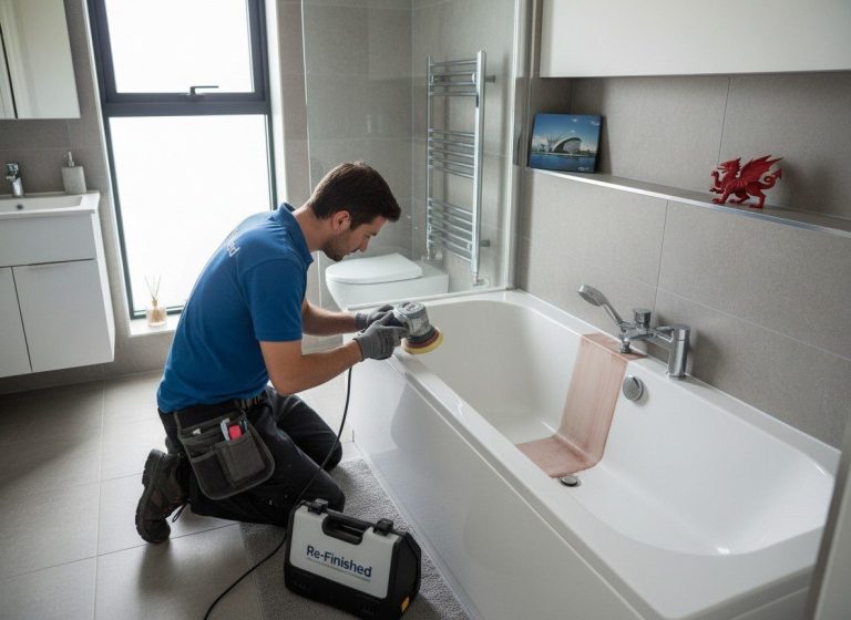 A technician using a power tool to repair a bathtub in a modern bathroom in Bristol